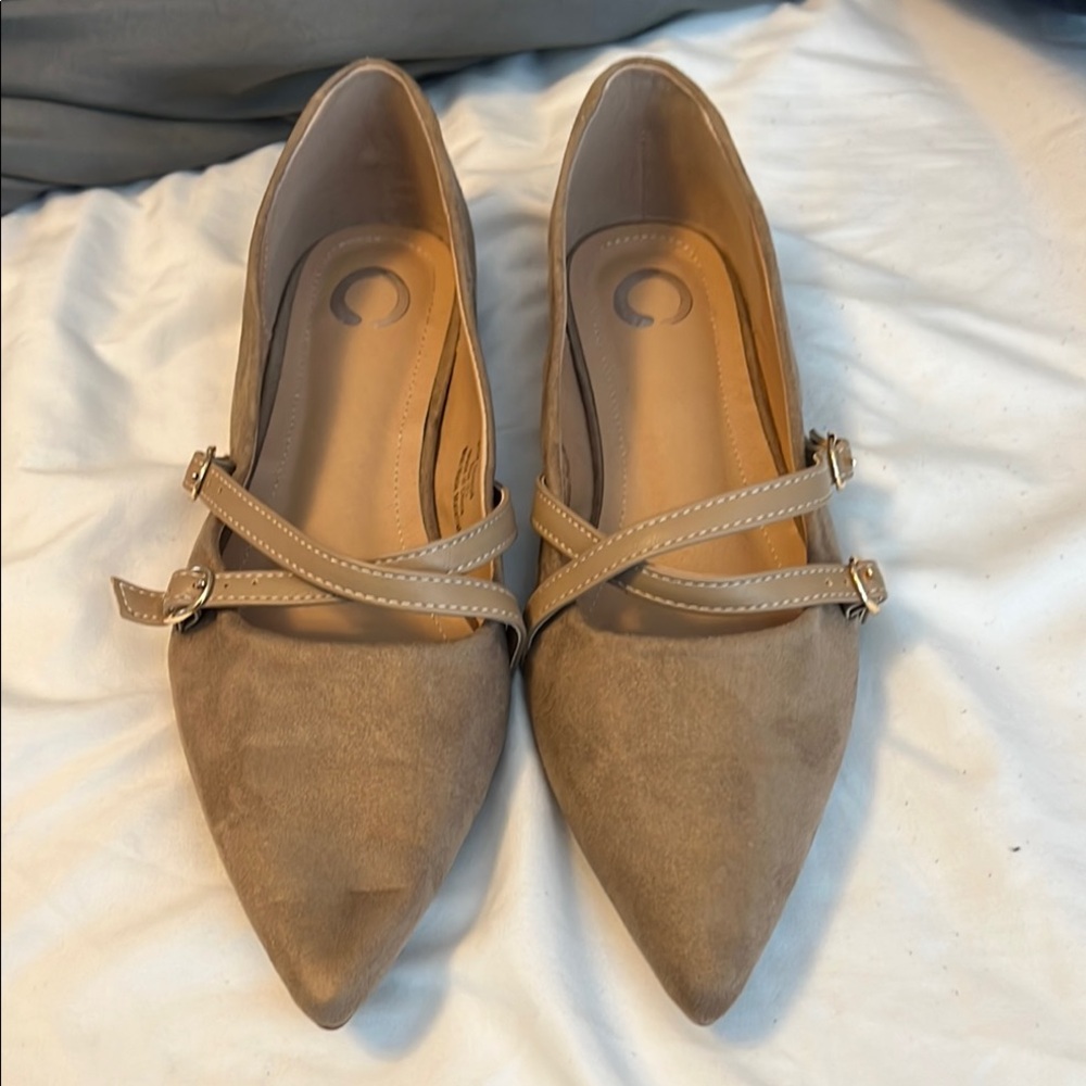 Tan Suede Flats with Pointed Toe and Strap